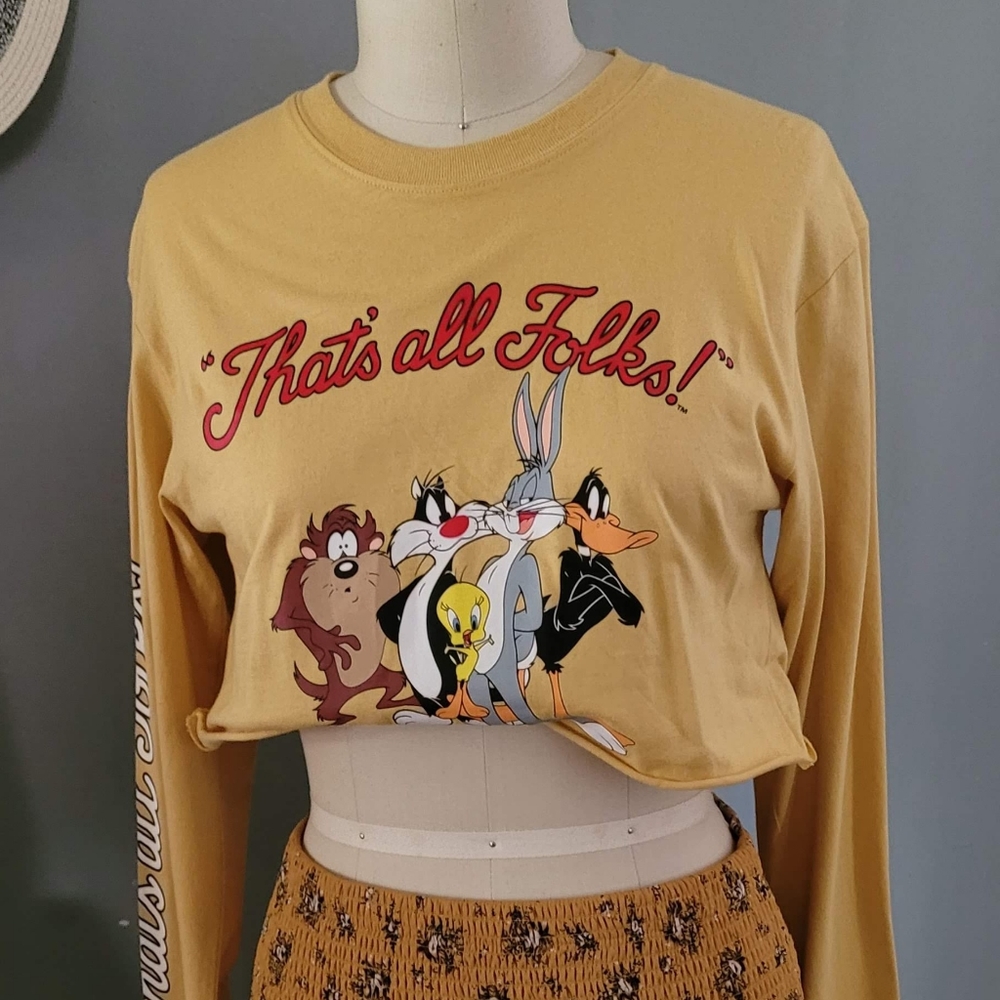 Looney Tunes Yellow Long Sleeve Crop Top size S Cotton